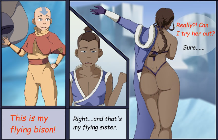 1girls 2boys aang air_nomad airbender_tattoo appa avatar_legends avatar_the_last_airbender bikini brown_skin clothing comic dialogue english_text female ice iceberg inuit katara male nickelodeon nonbender ocean skimpy skimpy_bikini skimpy_clothes sky_bison snow sock_vivian sokka straight_hair swimsuit text the_avatar water_tribe