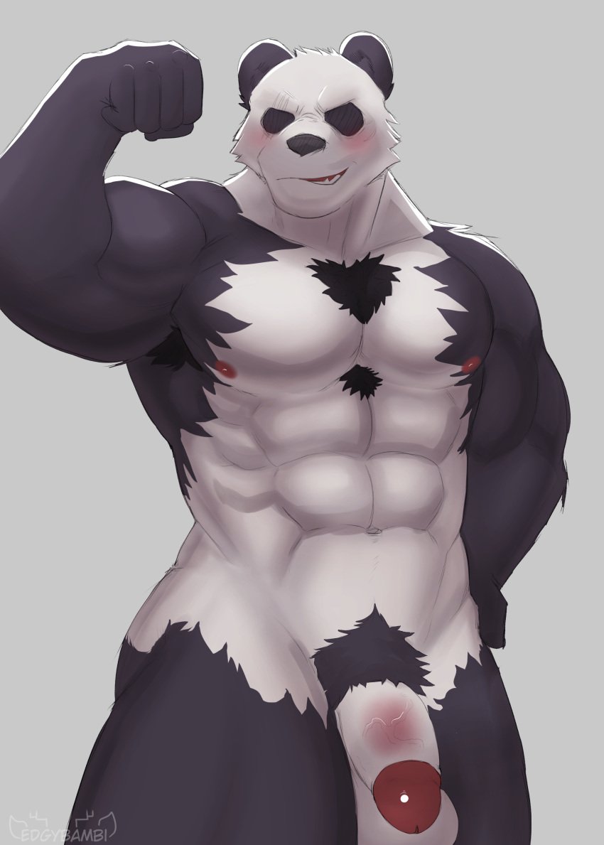 2021 abs absurd_res anthro armpit_hair balls barazoku beastars biceps big_muscles black_sclera blush body_hair chest_hair flaccid flexing genitals giant_panda gouhin grey_background hand_on_hip hi_res humanoid_genitalia humanoid_penis jayjay_(artist) looking_at_viewer male male_only mammal muscular muscular_anthro muscular_male navel nipples nude pecs penis pubes simple_background smile smirk solo solo_male standing ursid