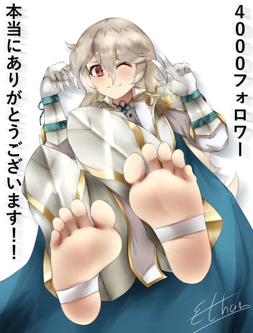 ;) alternate_costume alternate_version_available barefoot corrin_(fire_emblem) corrin_(fire_emblem)_(female) ethan_ppj_(artist) feet fire_emblem fire_emblem_fates foot_fetish foot_focus japanese_text long_hair nintendo one_eye_closed pointy_ears red_eyes text thank_you toeless_legwear v white_background wink