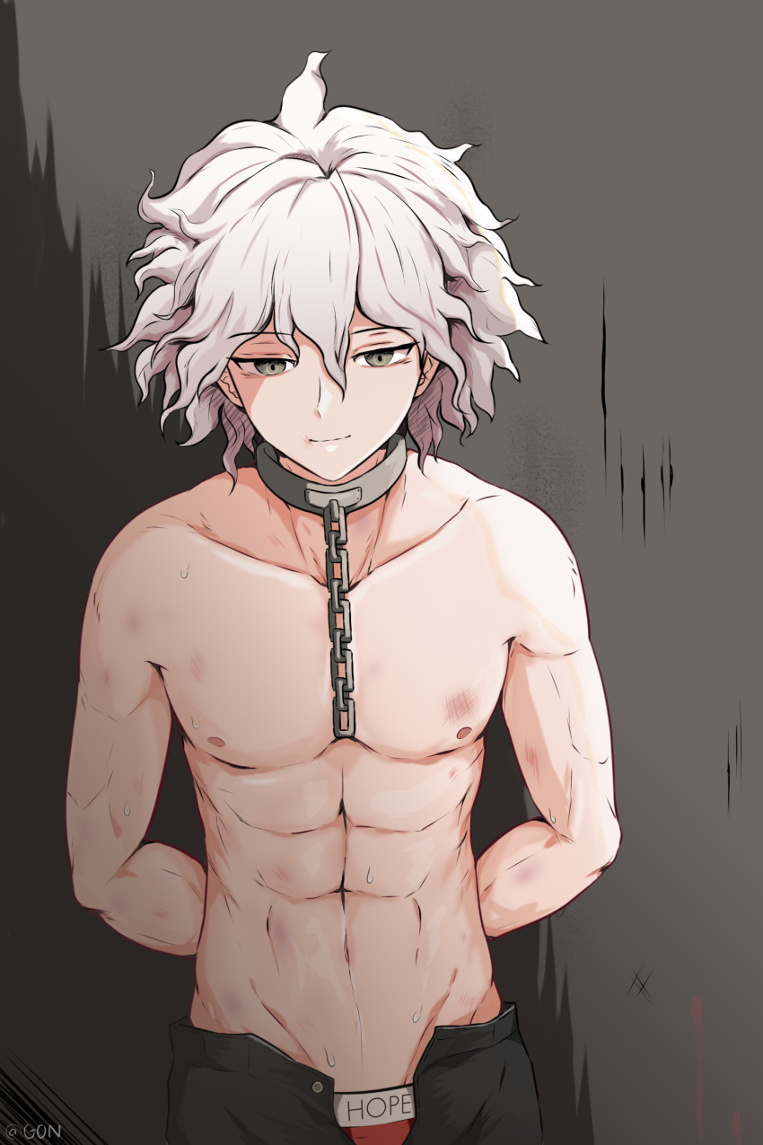 1boy abs artist_name bound bound_arms briefs chains choker color danganronpa danganronpa_ultra_despair_girls grey_background hands_behind_back light_skin male male_focus male_only nagito_komaeda servant_(danganronpa) smile solo solo_focus straight_hair underwear unzipped unzipped_pants white_hair