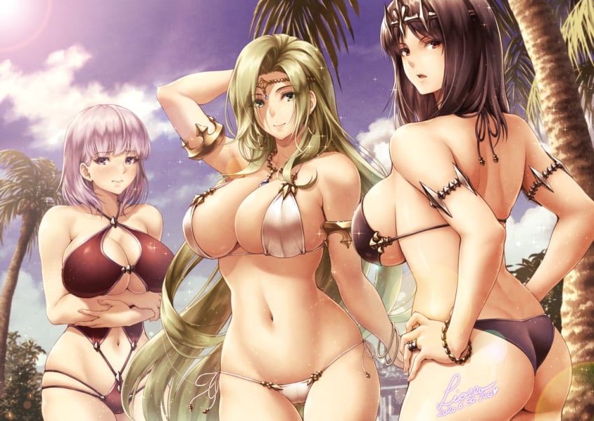 3girls aphrodite_(greek_mythology) arms_under_breasts athena_(greek_mythology) beach bikini black_hair bracelet embarrassed greek_mythology green_hair hands_on_hips hera_(greek_mythology) jewelry large_breasts lens_flare lioreo looking_at_viewer looking_back palm_tree smile