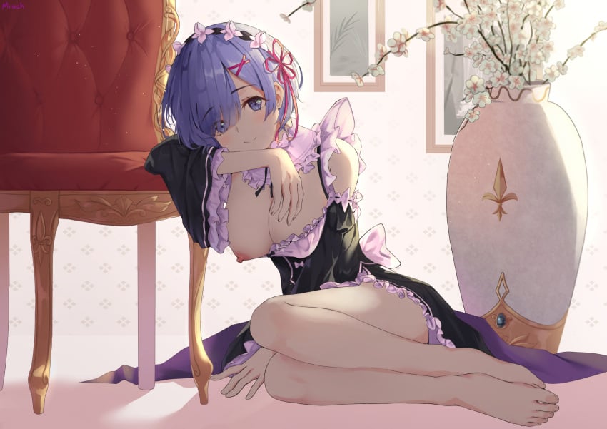 1girls accidental_exposure areolae barefoot big_breasts blue_eyes blue_hair blush breast_outside breasts chair dress exposed_breasts feet female female_only flowers hair_over_one_eye hair_ribbon head_tilt highres legs looking_at_viewer maid maid_headdress maid_uniform nevblindarts nipples no_bra one_breast_out re:zero_kara_hajimeru_isekai_seikatsu rem_(re:zero) short_hair sitting sitting_on_floor smile solo_female tagme vase waifu2x x_hair_ornament