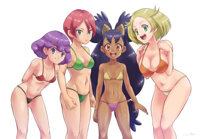 4girls :d arm_at_side arms_behind_back artist_name bangs bianca_(pokemon) big_hair bikini black_hair blonde_hair breast_size_difference breasts brown_eyes burgundy_(pokemon) cabernet_(pokemon) cleavage clenched_hands closed_mouth collarbone commentary_request creatures_(company) dark-skinned_female dark_skin ear female female_only game_freak georgia_(pokemon) green_bikini green_eyes group gym_leader hair_tie happy height_difference iris_(pokemon) kijouyu knees langley_(pokemon) large_breasts light-skinned_female long_hair looking_at_viewer medium_breasts medium_hair multiple_females multiple_girls navel nintendo open_mouth pink_hair pokemon pokemon_(anime) pokemon_bw_(anime) purple_eyes purple_hair shiny shiny_hair short_hair short_purple_hair simple_background small_breasts smile swimsuit teeth tied_hair tongue upper_teeth very_long_hair white_background