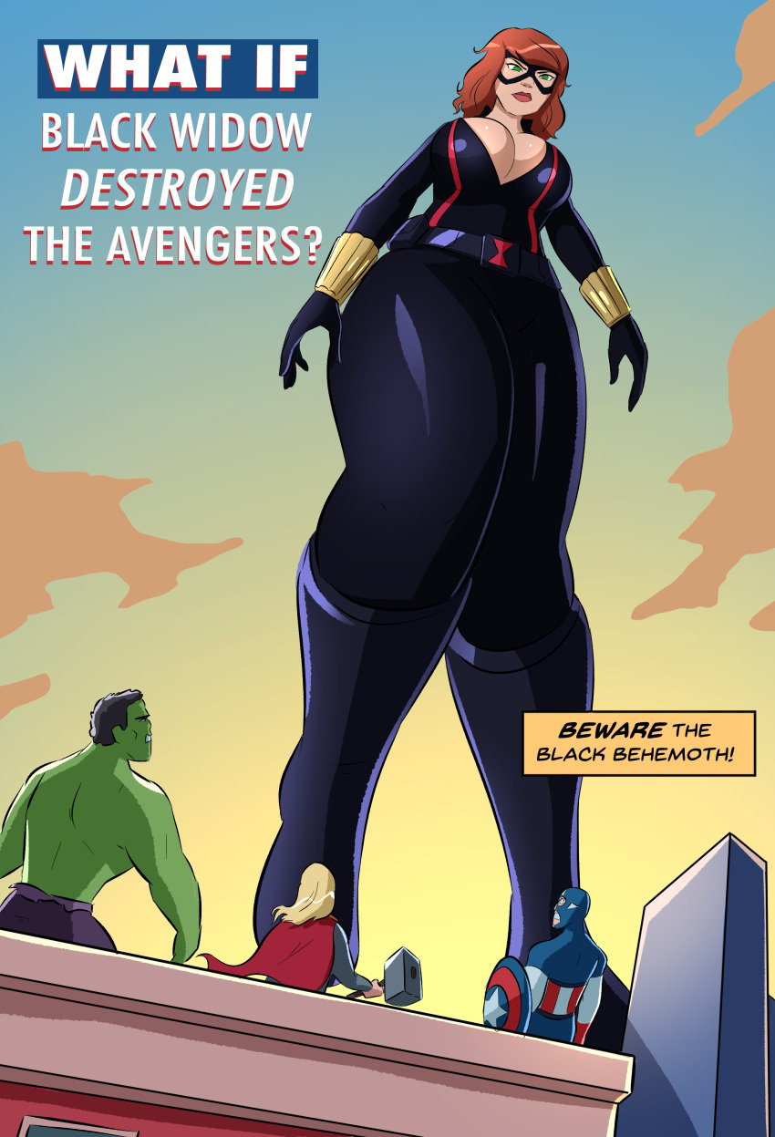 1girls 2021 avengers big_breasts bigger_female black_widow_(marvel) bodysuit caiman2 commission english_text female_focus giant-girl giantess green_eyes huge_breasts marvel natasha_romanoff red_hair smaller_male thick thick_thighs what_if...?