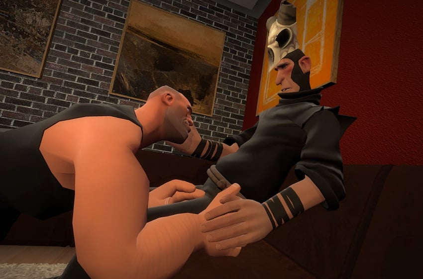 2boys 5_o'clock_shadow affection age_difference big_hands blush buzz_cut closed_eyes couch facial_hair feet_out_of_frame flushed foreplay garry's_mod gay green_eyes half-closed_eyes half-dressed headdress headpat holding_hand holding_penis imminent_sex kneeling looking_at_partner mage magic_missiles male_only merasmus muscular_male passionate patting_head roommates slim_male smirk soldier_(team_fortress_2) source_filmmaker tank_top team_fortress_2 tf2 uncut valve wizard wrist_tattoo yaoi