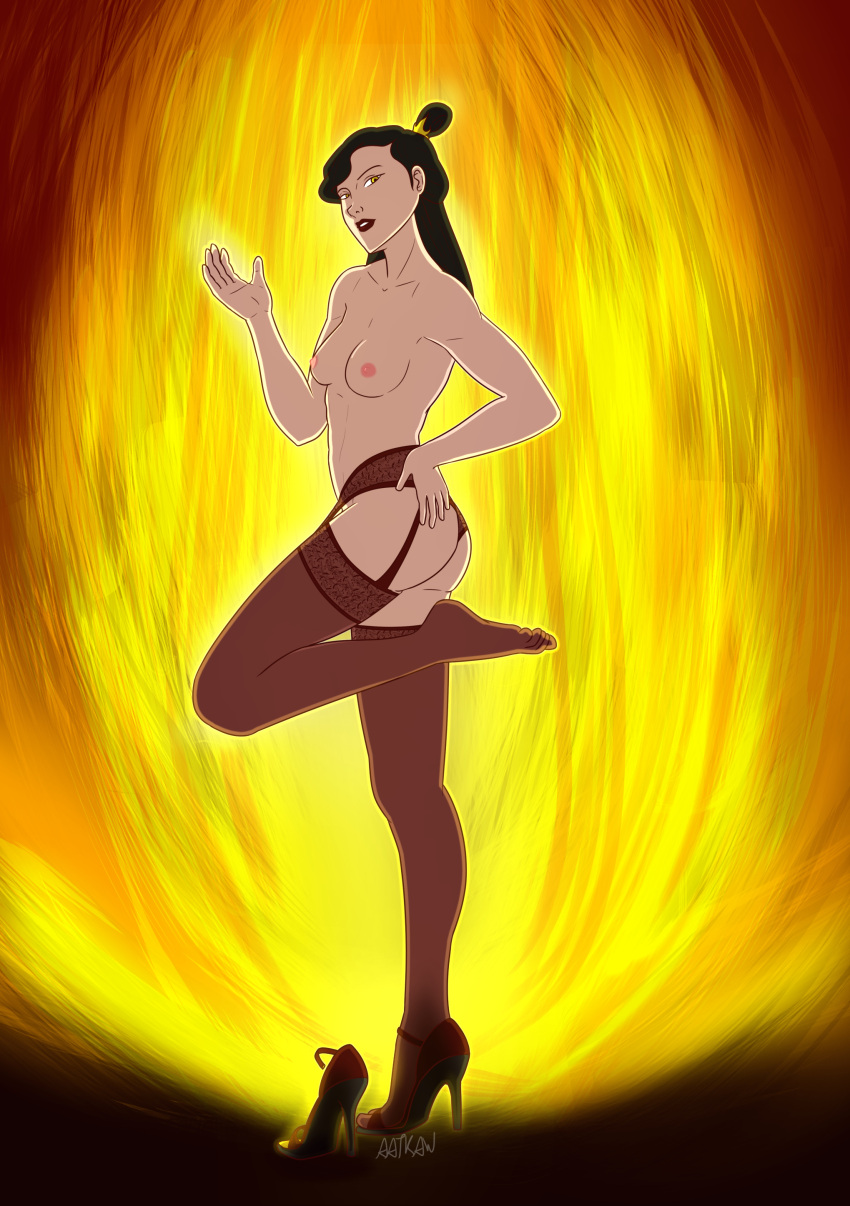 1girls aatkaw ass avatar_legends black_hair breasts female female_only fire fire_nation heels izumi_(tlok) nickelodeon nipples one_leg_up small_breasts smooth_skin solo standing stockings the_legend_of_korra topless topless_female