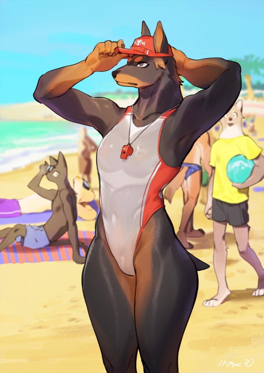 1girls anthro beach bebebebebe cameltoe canine cap doberman dobermann_(bebebebebe) dog_ears dog_tail female female_focus fur furry furry_only grey_eyes hi_res lifeguard nipples_visible_through_clothing one-piece_swimsuit people_in_background seaside serious short_tail swimsuit tail tight_clothing toned toned_female