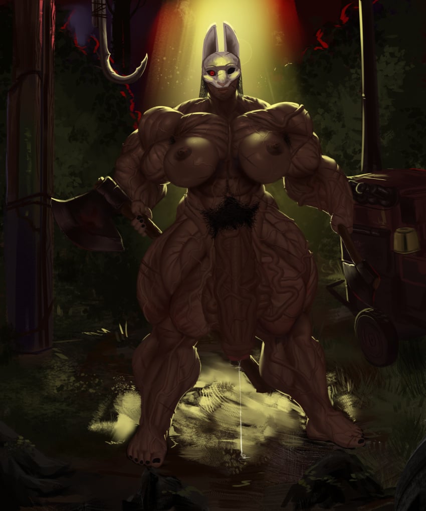 axe blood_stain bunny_mask forest_background futanari generator hairy hairy_armpits hook huge_balls huge_cock huge_muscles huntress_(dead_by_daylight) muscular muscular_futanari night precum_drip pubic_hair saltychocolate3 vascular veiny veiny_muscles veiny_penis