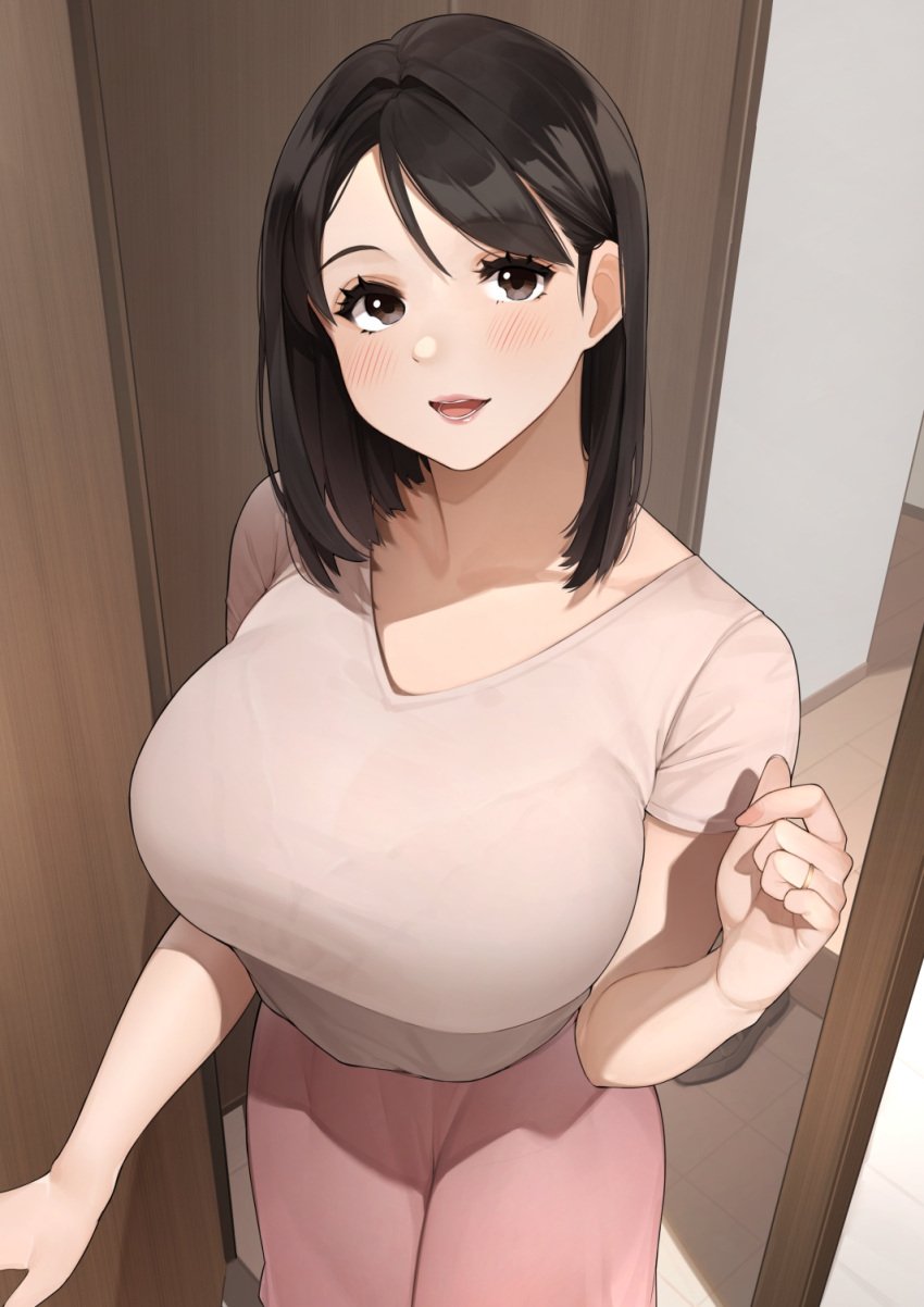 1girls big_breasts blush breasts dark_hair female female_only fully_clothed large_breasts looking_at_viewer married_woman mature_female milf original original_character ring sakuranotomoruhie wife