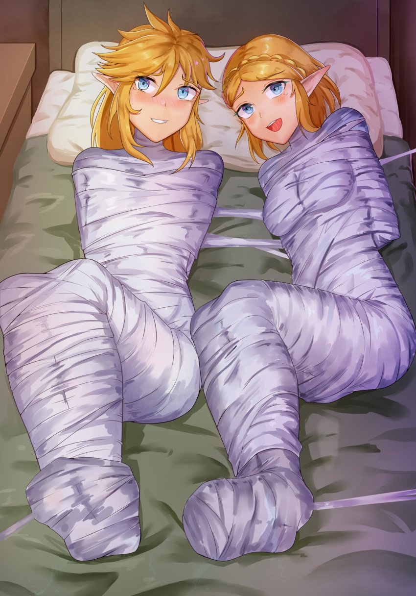 1boy1girl arms_behind_back bed blonde_hair bondage breath_of_the_wild duo female femsub gibdo happy humanoid hylian link link_(breath_of_the_wild) looking_at_viewer lying lying_on_bed male male_and_female_subs malesub multiple_subs mummification nintendo pale_skin princess_zelda short_hair smile spider_web submissive_male tears_of_the_kingdom the_legend_of_zelda yuehei_dao zelda_(tears_of_the_kingdom)