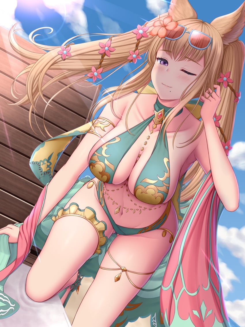 1girls animal_ears beauty_mark blonde_hair blush breasts female female_only granblue_fantasy hair_ornament kemonomimi large_breasts long_hair looking_at_viewer melopun metera_(granblue_fantasy) one_eye_closed purple_eyes sunglasses sunglasses_on_head