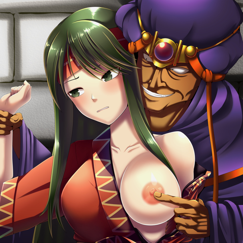 1girls angry arm_grab bare_shoulders blush breasts breasts_out clenched_teeth collarbone fire_emblem fire_emblem:_the_binding_blade green_eyes green_hair headband large_breasts long_hair namanama12ruiji nintendo nipple_tweak nipples one_breast_out rape restrained sue_(fire_emblem) wagner_(fire_emblem)