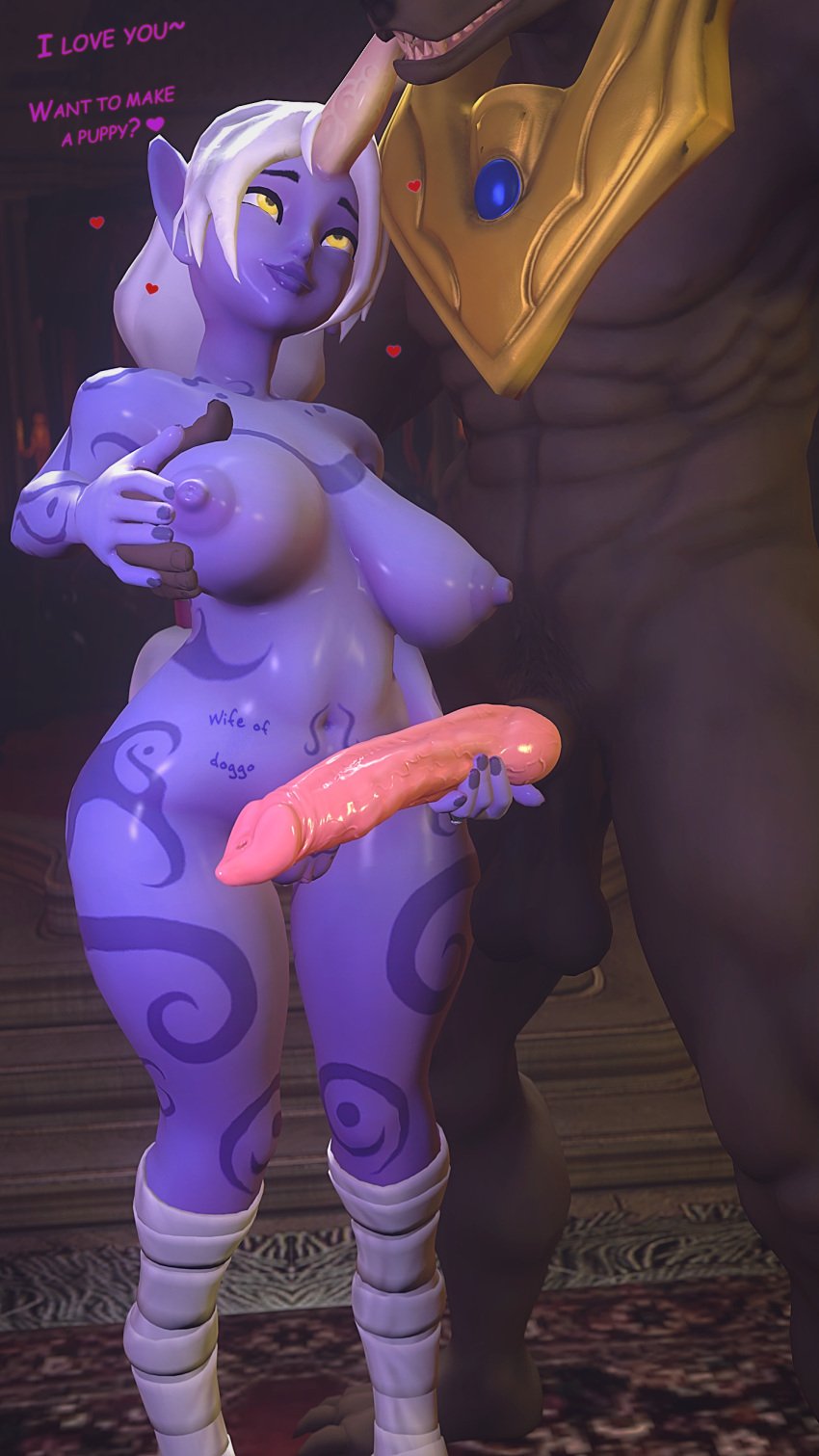 3d anthro big_penis body_writing brown_skin canine canine_penis curvy dark_skin handjob holding_penis huge_breasts imminent_impregnation imminent_sex interspecies jackal jallersfm league_of_legends married_couple nasus purple_skin romantic shiny_skin soraka source_filmmaker text yellow_eyes