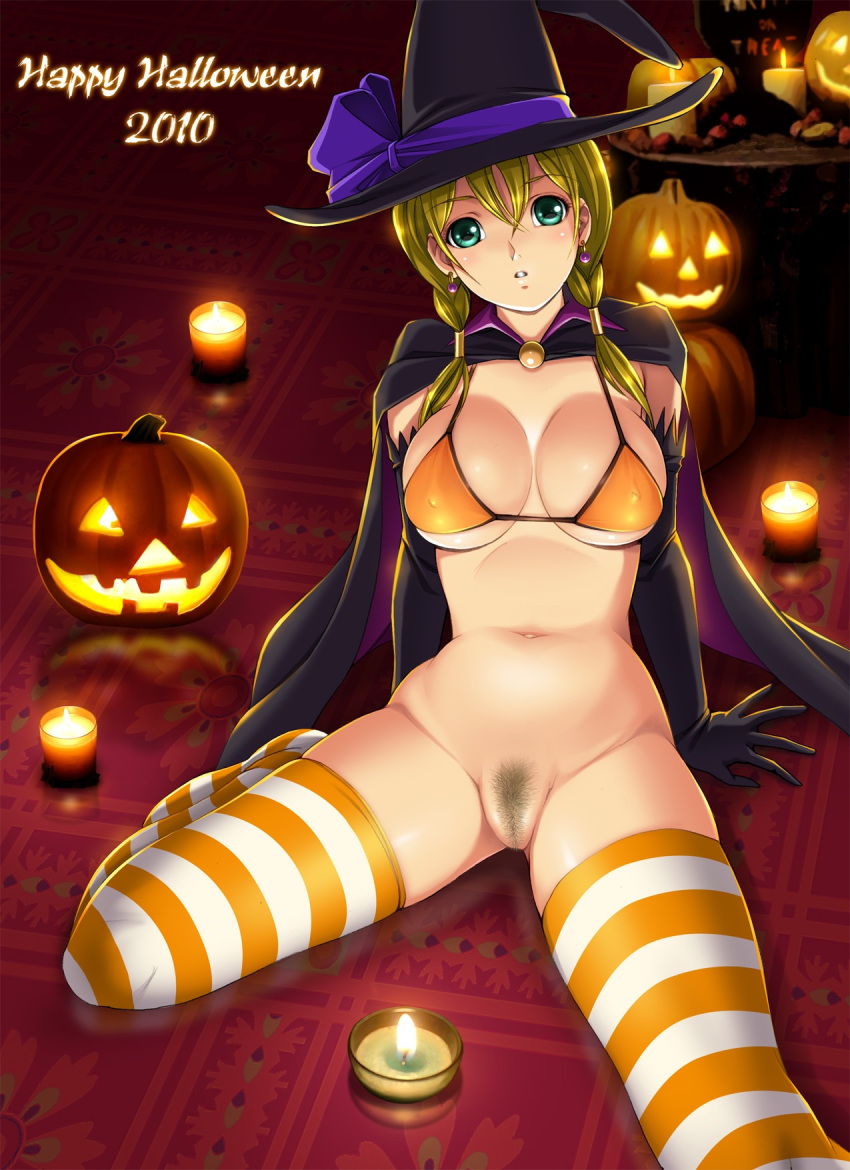 2010 bikini blonde_hair bottomless candle earrings green_eyes halloween harii_(pixiv) hat highres jack-o'-lantern jewelry navel pubic_hair pumpkin pussy striped striped_legwear striped_thighhighs swimsuit thighhighs uncensored witch_hat