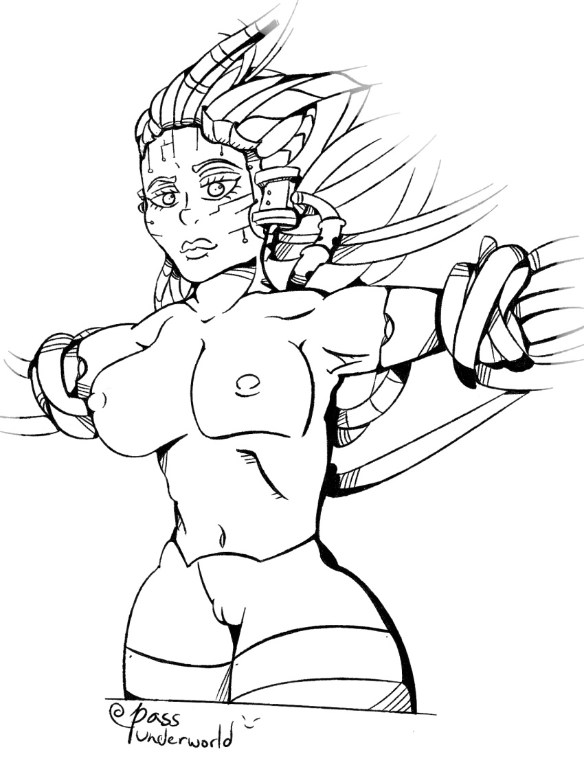 armpit_peek armpits artificial_intelligence bound breasts cables humanoid looking_at_viewer low-angle_view nipples nude nude_female passunderworld pupils shodan smirk solo solo_female solo_focus system_shock thick_thighs underboob vagina