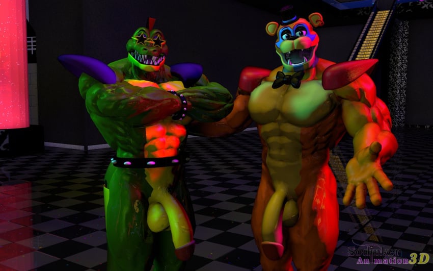 2boys 3d 3d_(artwork) abs alligator alligatorid animatronic anthro anthro_on_anthro anthro_only anthrofied balls bear beef beefcake big_penis black_nose bow_tie bowtie bracelet buff crocodile crocodilian duo ear_piercing earrings five_nights_at_freddy's five_nights_at_freddy's:_security_breach flaccid flaccid_penis fronty gay genitals glamrock_freddy_(fnaf) green_body green_skin half-closed_eyes looking_at_viewer male male/male male_only mohawk_(hairstyle) montgomery_gator_(fnaf) muscles muscular muscular_male nude orange_body orange_skin penis sharp_teeth signature sondinker_fazbear's spiked_bracelet spikes star_glasses teeth two_tone_body two_tone_skin video_games watermark yellow_body yellow_skin