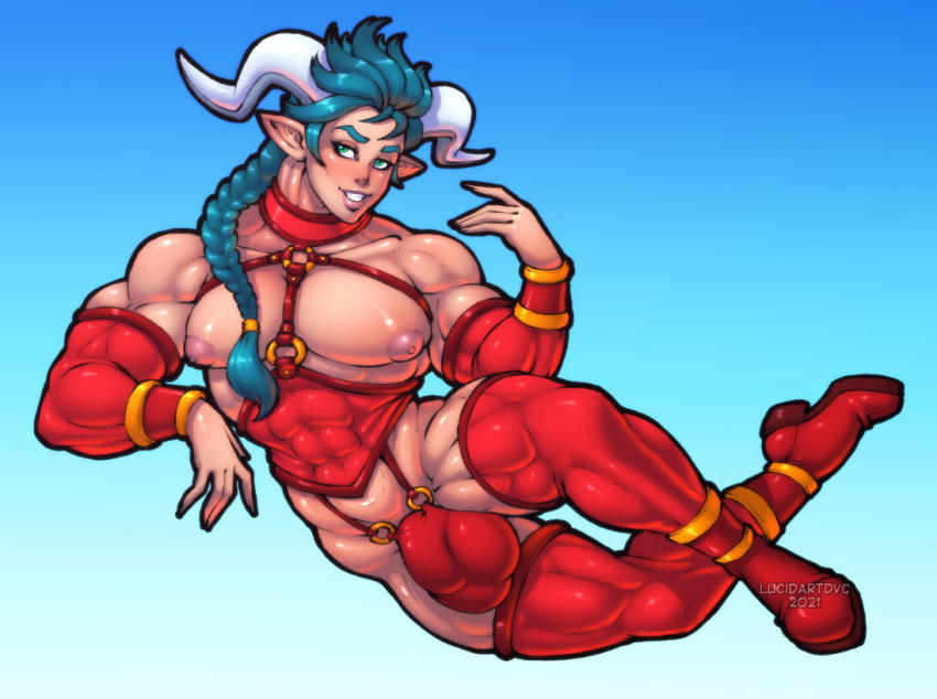 abs ambush_(trap) big_bulge blue_hair boots braid bulge femboy green_eyes horns legs lucidartdvc male manboobs monster_boy muscles muscular muscular_male muscular_thighs nipples pecs smile solo thick_thighs trap