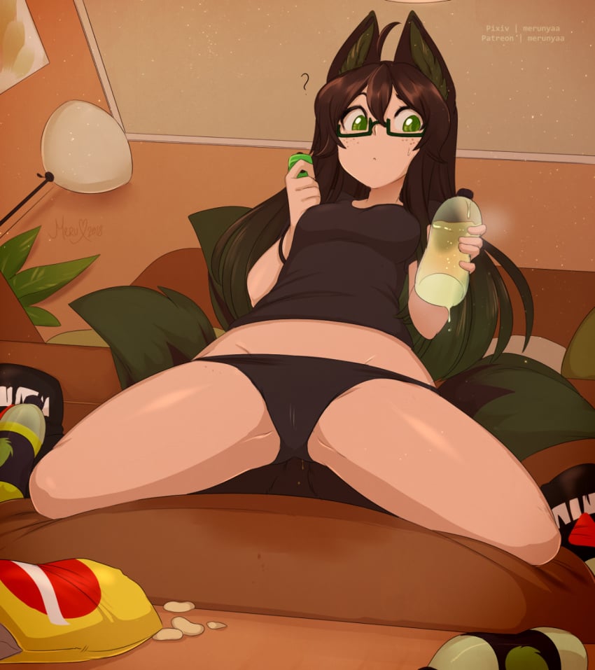 2018 ? ahoge animal_ears artist_name artist_signature black_hair breasts clothing dated fox_ears fox_girl fox_tail glasses green_eyes high_resolution holding_game_controller joy-con medium_breasts megane merunyaa multiple_tails panties patreon_username peeing peeing_into_container pixiv_username potato_chips shinobu_(neoraider) tail urine urine_in_container