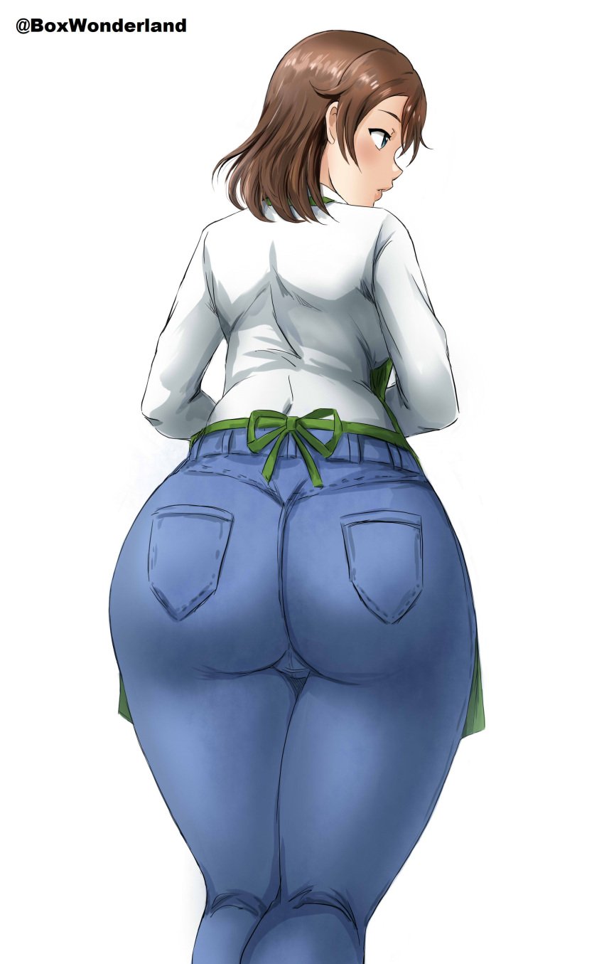 1girls 2021 artist_name ass ass_focus back back_view big_ass big_butt blue_jeans bottom_heavy box_wonderland breasts brown_hair clothed_female dat_ass female female_focus female_only fully_clothed jeans kousaka_honoka's_mother looking_away love_live! mature mature_female milf mother pants shirt simple_background solo solo_focus standing thick_thighs tight_jeans tight_pants white_background white_shirt wide_hips