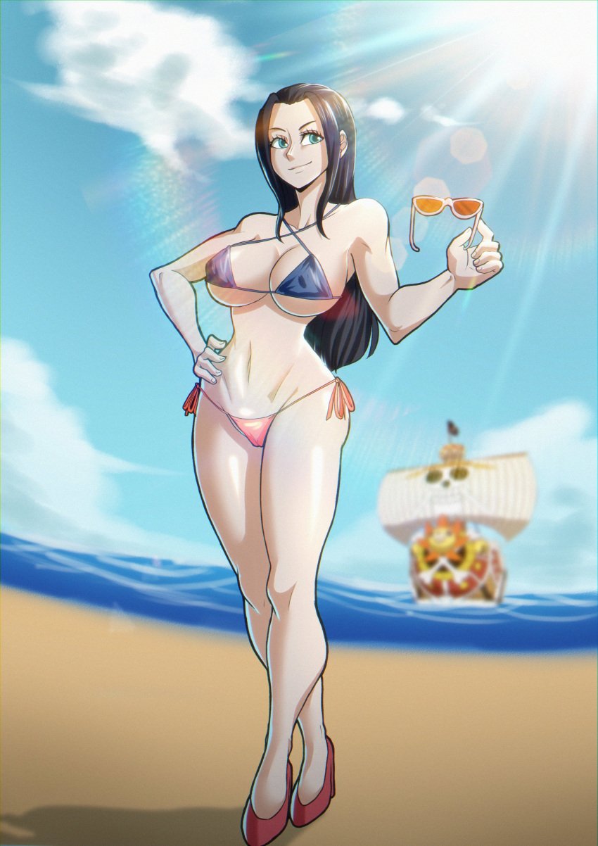 1girls alternate_version_available beach big_breasts bikini black_hair breasts cleavage clothed clothed_female eyewear_removed female female_only footwear full_body glasses hand_on_hip heels high_heels hips holding holding_eyewear holding_glasses holding_sunglasses legs long_hair looking_to_the_side navel nico_robin notilustregui one_piece pale-skinned_female pale_skin pirate_ship post-timeskip post_timeskip ship side-tie_bikini_bottom smile solo solo_female sunglasses sunglasses_removed swimsuit thighs thin_waist wide_hips