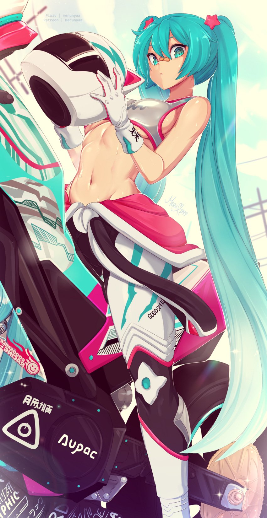 2019 aqua_eyes aqua_hair artist_name artist_signature bandaid bandaid_on_face bandaid_on_head bandaid_on_nose bra breasts dated female gloves groin ground_vehicle hair_between_eyes hair_ornament hatsune_miku headwear_removed helmet helmet_removed high_resolution long_hair looking_at_viewer merunyaa motor_vehicle motorcycle navel on_motorcycle open_clothes patreon_username pixiv_username racing_miku solo sports_bra sweat tied_hair twintails underwear vehicle very_long_hair vocaloid white_gloves