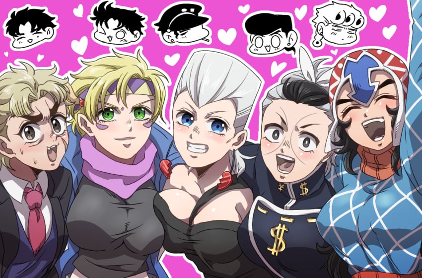 5boys 5girls battle_tendency big_breasts black_hair blonde_hair breasts caesar_zeppeli diamond_is_unbreakable female female_focus genderswap giorno_giovanna group guido_mista human jean_pierre_polnareff jojo's_bizarre_adventure jonathan_joestar joseph_joestar josuke_higashikata jotaro_kujo looking_at_viewer multiple_girls okuyasu_nijimura phantom_blood robert_edward_o_speedwagon rule_63 short_hair shounen_jump stardust_crusaders tagme vento_aureo white_hair