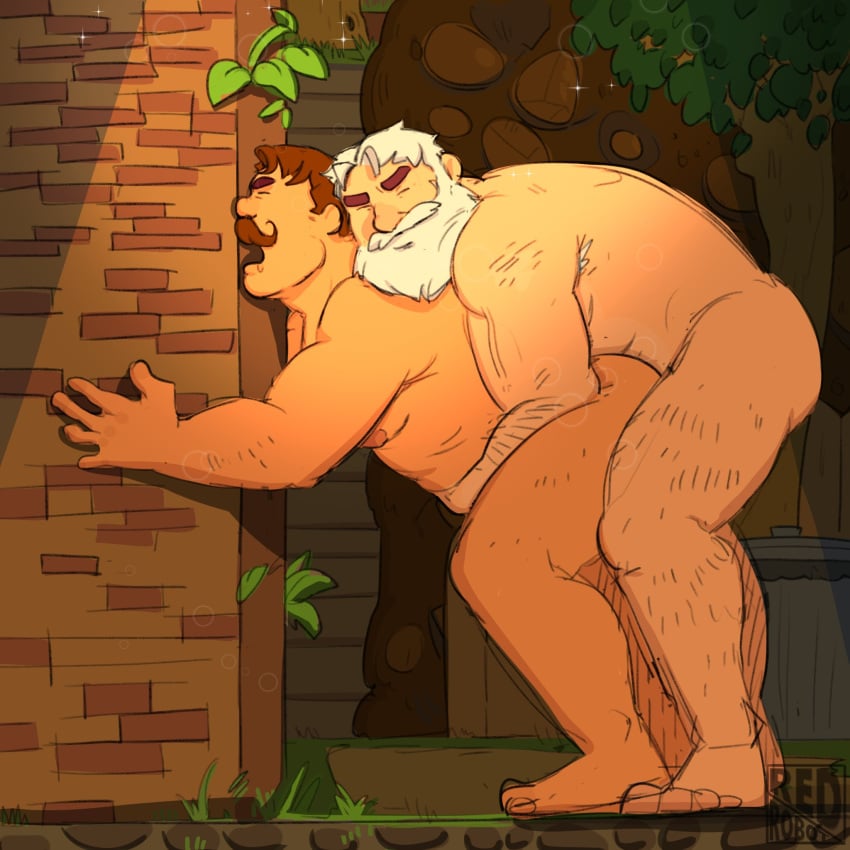 2boys anal anal_sex armpit_hair barefoot beard brown_hair gay grabbing_belly grabbing_tummy gus_(stardew_valley) hairy hairy_armpits hairy_arms hairy_legs leg_hair linus_(stardew_valley) male_only moan moaning moaning_in_pleasure older_male outdoor_sex outdoors red_robot sparkles standing standing_anal stardew_valley white_hair