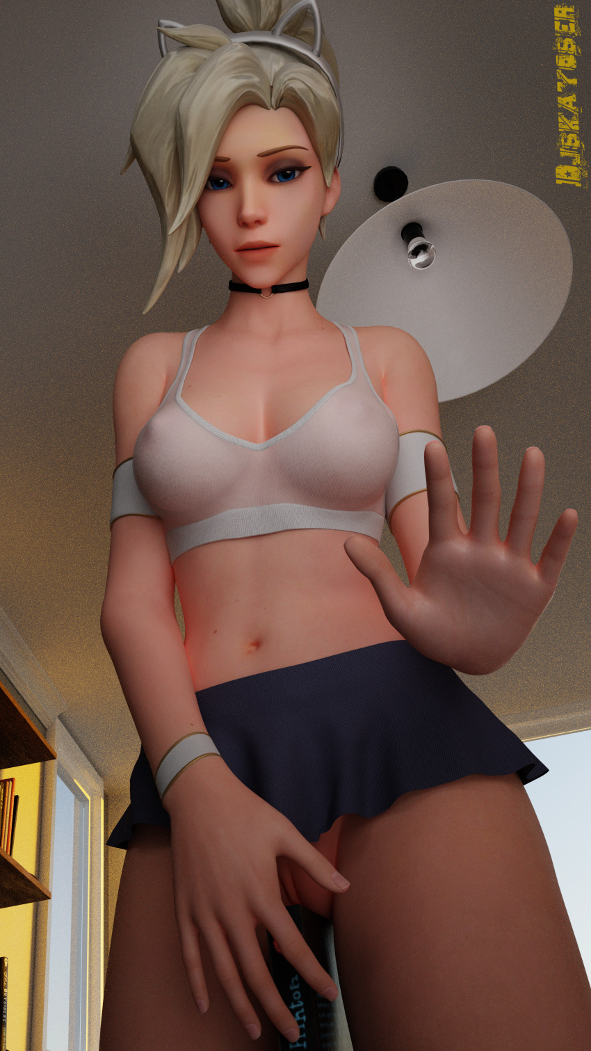 3d blender blender_(software) choker djskayoser mercy no_panties overwatch pussy short_skirt vaginal_insertion