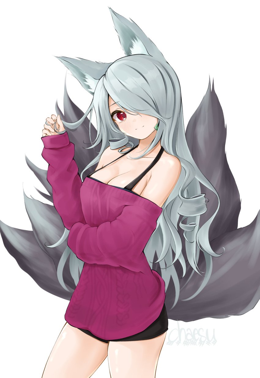 1girls arm_under_breasts baggy_clothing bare_legs bare_shoulders bare_thighs breasts chaesu cleavage earrings fox_ears fox_girl fox_tail head_tilt kitsune large_breasts long_hair long_sleeves looking_at_viewer loose_clothes multiple_tails red_eyes short_shorts shorts smile tagme tail virgin_killer_sweater white_hair