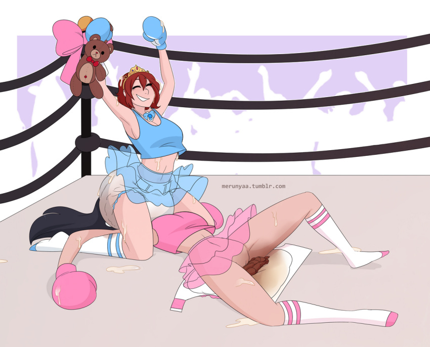 2girls arms_up artist_name baby_blue_boxing_gloves baby_blue_clothing baby_blue_gloves bare_legs bare_shoulders bent_knees black_hair blue_bow blue_gloves blue_legwear blue_pacifier blue_shirt blue_skirt blue_socks blue_tank_top bow boxing_gloves boxing_ring breasts closed_eyes crown diaper diaper_on_face diapered_dom duo extreme_content feces female female_only femdom full_body gloves hair_between_eyes hands_up headwear kneeling legs legwear light-skinned light-skinned_female long_hair lying_on_floor medium_breasts medium_hair merunyaa messy_diaper multiple_girls nude on_back open_diaper pacifier pink_bow pink_boxing_gloves pink_gloves pink_legwear pink_shirt pink_skirt pink_socks poop purple_background raised_fists red_hair scat semen semen_on_body shirt sitting sitting_on_face sitting_on_person skirt socks stuffed_animal stuffed_toy tank_top teddy_bear tumblr_username tutu two-tone_background two-tone_legwear used_diaper vagina web_address wet_diaper white_background white_legwear white_outline white_socks