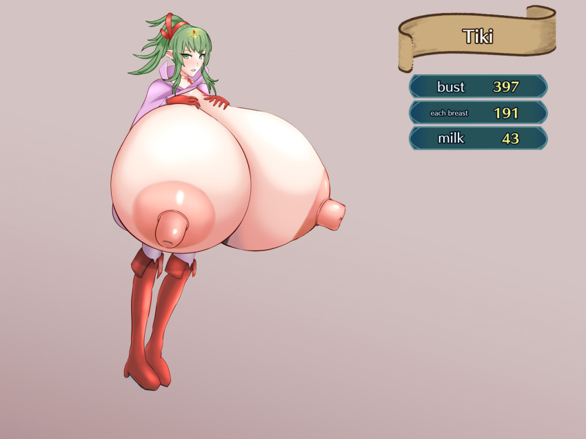 1girls adult boots breast_expansion breasts breasts_out cape english_text fire_emblem fire_emblem_awakening fire_emblem_heroes gameplay_mechanics gigantic_breasts gloves green_eyes green_hair grey_background hand_on_own_chest hyper_breasts looking_at_viewer medium_hair nintendo nipples pointy_ears ponytail solo stats text thigh_boots thighhighs tiki_(adult)_(fire_emblem) tiki_(fire_emblem) zanteisan