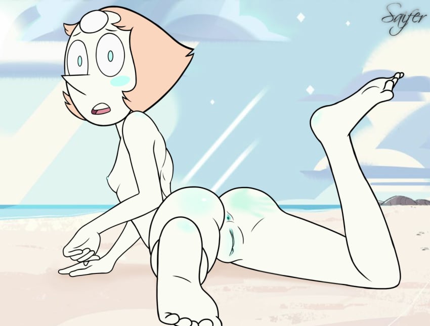 1girls 2019 accurate_art_style anus areolae ass back back_view backboob beach blush breasts embarrassed embarrassed_nude_female feet female female_only highres humanoid looking_back nipples on_stomach pearl_(steven_universe) pussy red_hair saifernsfw slap_mark small_breasts steven_universe