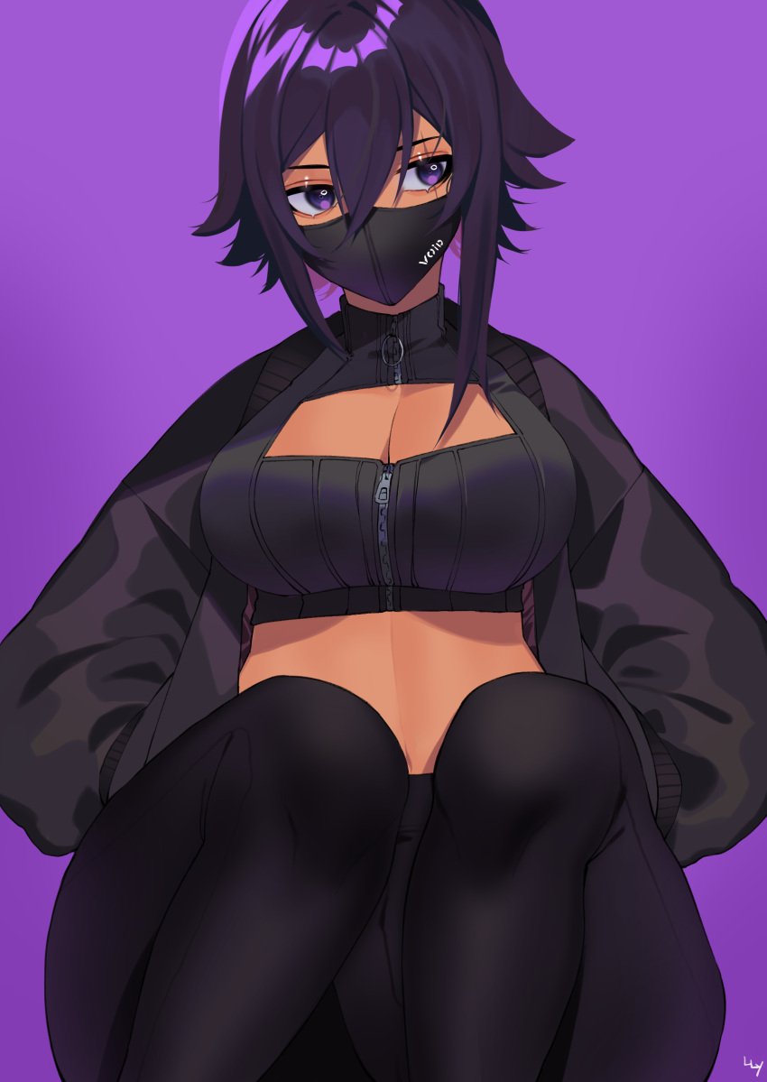 abs asymmetrical_hair bangs bare_midriff big_breasts black_bra black_hair black_legwear bra choker cleavage dark-skinned_female dark_hair dark_skin english_text female female_focus female_only hair_between_eyes hands_in_pockets large_breasts lilycious looking_away looking_to_the_side mask mask_on_head masked masked_female oc open_clothes purple_background purple_hair sitting solo solo_female solo_focus tagme void zipper zipper_pull_tab