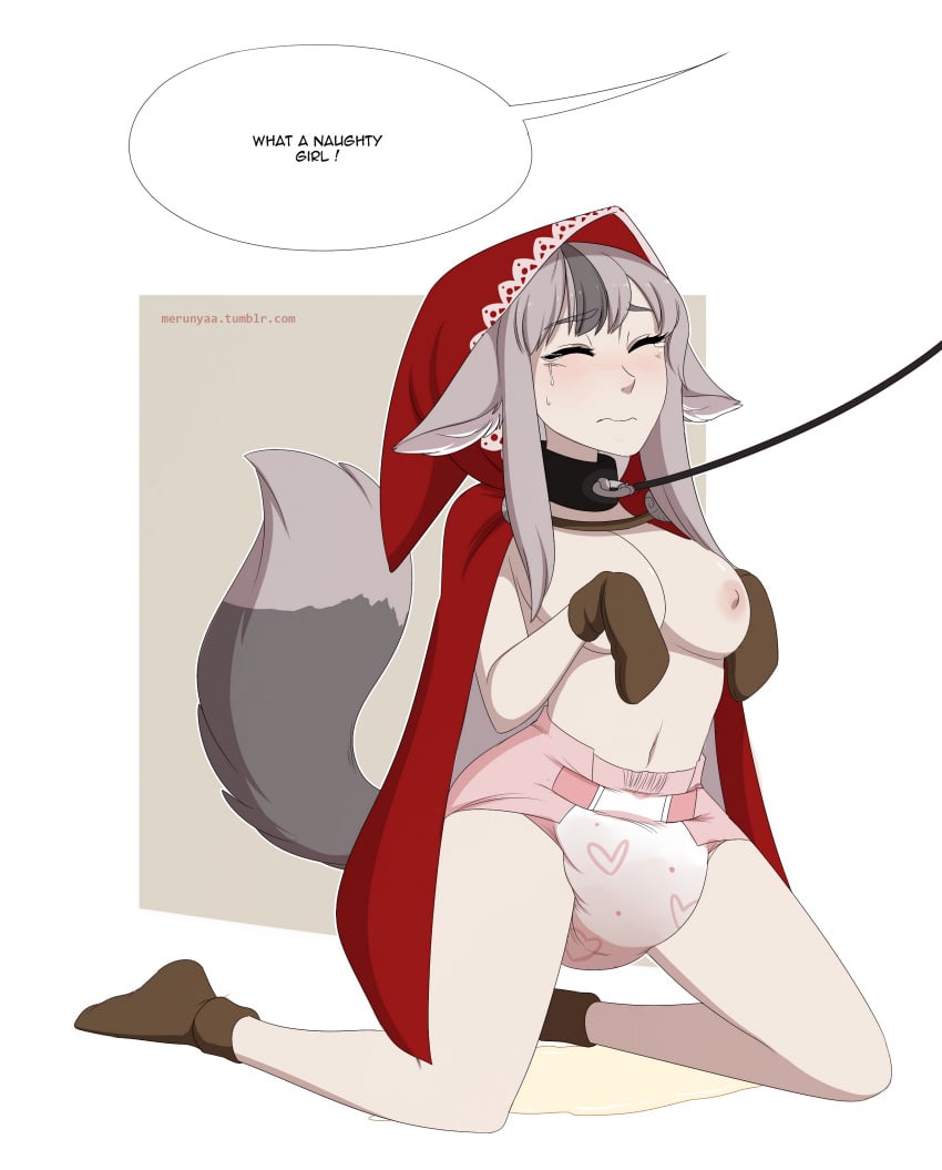 1girls bare_legs begging_pose bondage collar crying diaper english_text femsub fire_emblem fire_emblem_fates humiliation kneeling leash medium_breasts merunyaa monster_girl nintendo nipples petplay solo_focus text velouria_(fire_emblem) wolf_girl