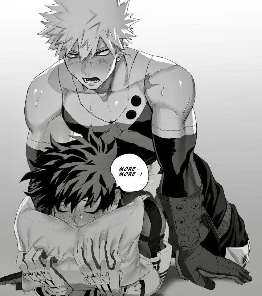 2boys anal anal_sex closed_eyes clothing dialogue doggy_style english_text gloves goodbye_glory greyscale hero_outfit_(mha) izuku_midoriya katsuki_bakugou male male/male male_only male_penetrated male_penetrating male_penetrating_male monochrome my_hero_academia open_mouth pillow pillow_grab speech_bubble spiky_hair sweat sweatdrop text yaoi