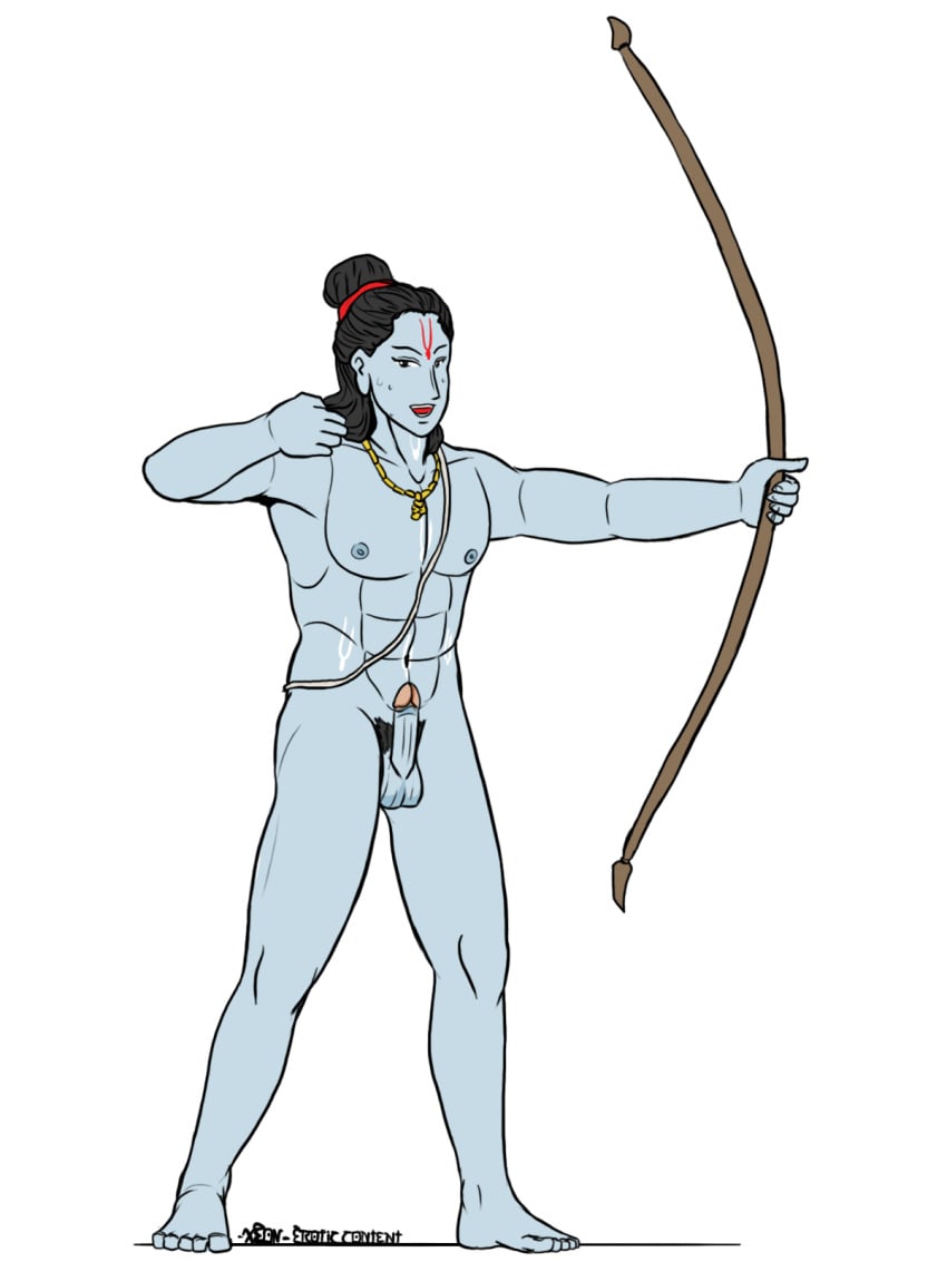 1boy abs archer archery arrow arrows bangle blue_body blue_nipples blue_penis blue_skin body_markings bow_and_arrow completely_naked completely_nude completely_nude_male deity gay god gods hard_on hindu hindu_mythology krishna legs_apart legs_open male male_only muscles muscular mythology necklace nervous nervous_face nervous_grin nervous_smile nervous_sweat nude nude_male open_mouth pecs penis_out religion religious shooting smiling smiling_at_viewer solo standing standing_position sweatdrop sweatdrops vachalenxeon weapon weapons white_background