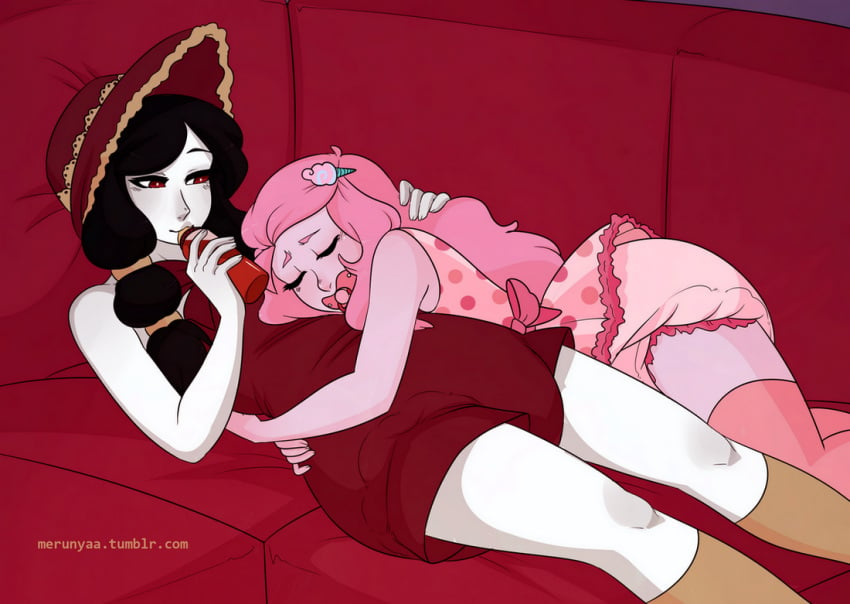 2girls adventure_time artist_name baby_bottle black_hair blood bottle bow cartoon_network clothing colored_skin couch cuddling diaper dress drinking drinking_blood duo female female_only frilled_dress frills hair_ornament hand_in_another's_hair holding_baby_bottle holding_bottle hug indoors legwear long_hair long_twintails looking_at_another lying lying_on_couch marceline marceline_abadeer merunyaa multiple_girls on_back on_couch on_side onesie pacifier pink_bow pink_dress pink_hair pink_legwear pink_pacifier pink_skin pink_thighhighs polka_dot polka_dot_dress princess_bubblegum red_couch red_eyes sleeping sleeveless snuggling stockings thighhighs tied_hair tumblr_username twintails vampire web_address white_skin wholesome yuri