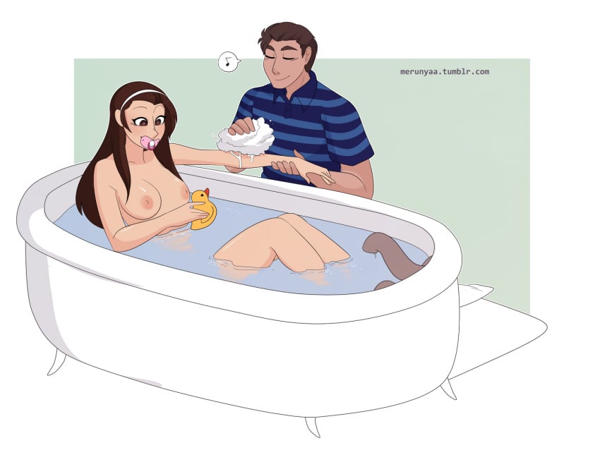 /// 1boy 1girls 4:3_aspect_ratio adult_baby areolae artist_name bath_toy bathtub black_hair blue_shirt blush breasts brown_eyes brown_hair claw_foot_bathtub closed_eyes clothed_male_nude_female duo female full_body green_background hairband happy happy_male hetero holding_another's_arm holding_toy horizontal-striped_shirt in_water infantilism inside_bathtub knees_up light-skinned light-skinned_female long_hair male medium_breasts merunyaa musical_note nipples nude pacifier pacifier_in_mouth partially_submerged pink_pacifier rubber_duck shirt short_hair short_sleeves simple_background sitting sitting_in_water smile spoken_musical_note tumblr_username washing washing_another water web_address white_background white_border white_hair_ornament white_hairband white_outline