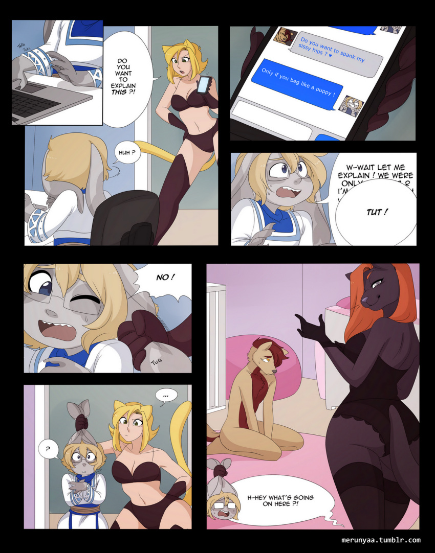 ... ? angry animal_ears anthro artist_name bedroom black_bra black_panties black_underwear blonde_hair blue_eyes bra brown_fur canine cat_ear cat_tail chair comic computer english english_text feline female from_behind frown furry grey_eyes high_resolution holding holding_object holding_smartphone jakko_(arcanist_jakko) kneeling laptop long_ears long_hair male megane merunyaa multiple_views office_chair one_eye_closed onomatopoeia orange_eyes orange_hair pantsu sammy_(bestsammy) sharp_teeth short_hair sitting sitting_on_chair smartphone speech_bubble spoken_question_mark standing sweatdrop tail text text_messaging tumblr_username two-tone_fur underwear web_address woo_(texaspaddedbutt)