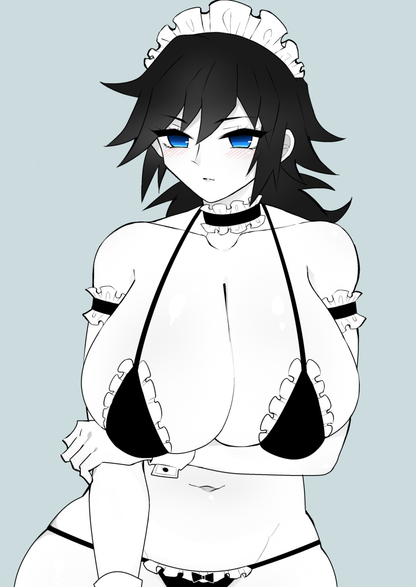 alternate_costume arm_bands arm_under_breasts armband bare_shoulders big_breasts bikini black_bikini black_hair blank_stare blue_eyes blush breasts choker clavicle cleavage demon_slayer female female_only frilled_armband frilled_bra frilled_panties front_view full_cleavage g-string genderswap_(mtf) huge_breasts inguinal_crease kimetsu_no_yaiba limited_palette long_breasts long_cleavage looking_away lowleg_panties maid maid_headdress micro_bikini rule_63 solo takenameko tomioka_giyuu white_skin wide_hips