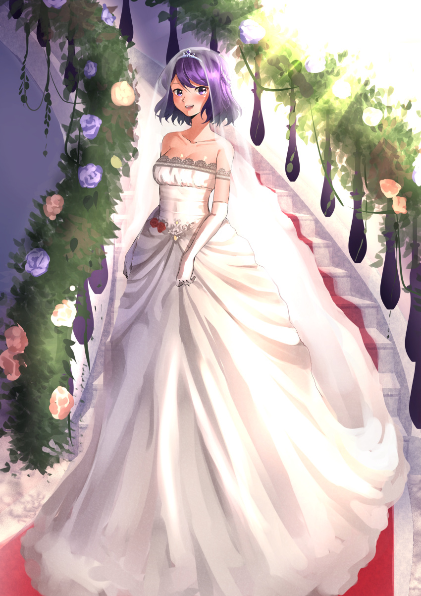 1girls braid breasts bridal_gloves bridal_veil bride cleavage elbow_gloves fault_milestone female flower holding_skirt lace long_dress looking_at_viewer pink_eyes purple_hair ritona_reighnvhasta solo staircase stairs tiara veil wedding wedding_dress wedding_veil white_dress white_gloves