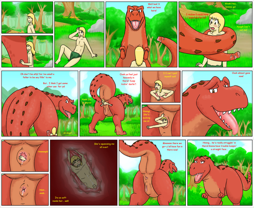 1boy 1boy1girl 1girls anal anal_vore anus black_eyes bodily_fluids brown_eyes coiled_tail comic cum dinosaur disney duo ejaculation english_text erection feet_first female female_pred feral feral_pred forest genital_fluids genitals hi_res human human_prey internal larger_female larger_feral larger_pred livinlovindude male male/female male_prey mammal orange_body orange_skin penis pixar plant pussy ramsey_(tgd) reptile saliva_on_anus scalie size_difference smaller_human smaller_male text the_good_dinosaur theropod tongue tongue_out tree tyrannosaurid tyrannosaurus vore