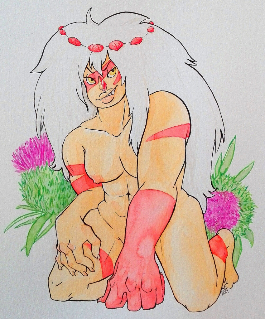 female headgear jasper_(steven_universe) kneeling medium_breasts muscular muscular_female orange_skin raevenilonka sharp_fingernails sharp_teeth solo steven_universe striped_skin thistle_(plant) traditional_media_(artwork) white_hair yellow_eyes