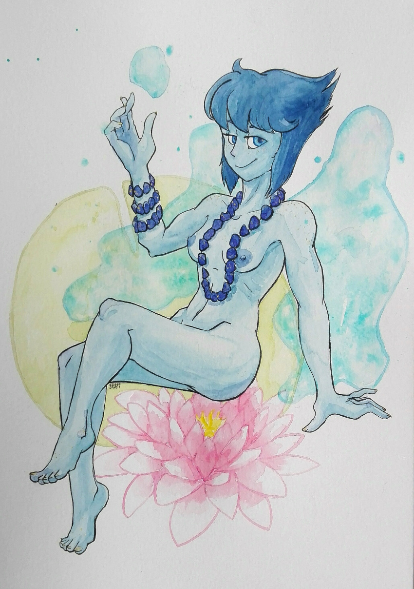 blue_eyes blue_hair blue_skin bracelet female freckles lapis_lazuli_(steven_universe) looking_at_viewer lotus_flower necklace nude raevenilonka short_hair small_breasts smile solo steven_universe tasteful_nudity traditional_media_(artwork) water