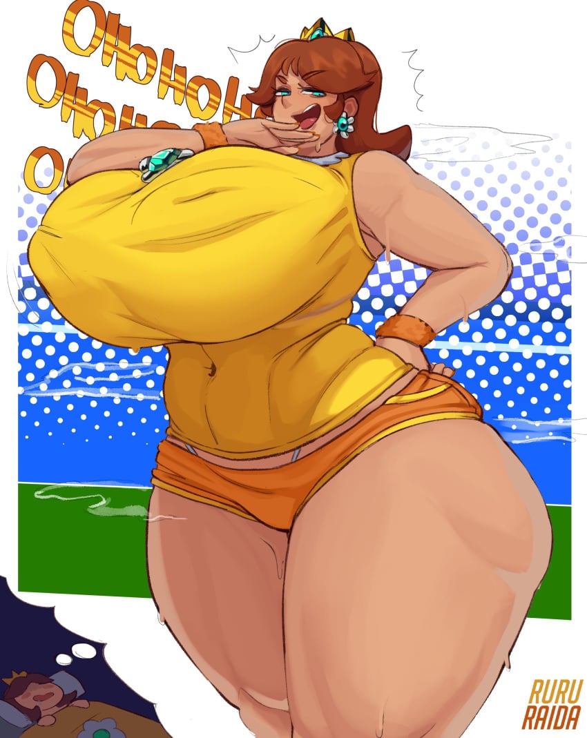 1girls breasts cleavage female female_only huge_breasts laugh laughing mario_(series) mario_tennis ojou-sama_pose princess_daisy ruru-raida solo thick_thighs tomboy venus_body voluptuous wide_hips