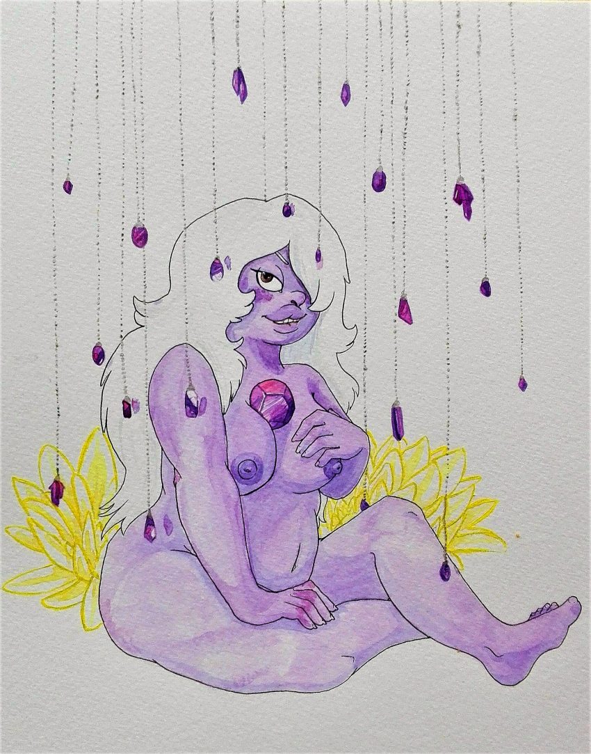 amethyst_(steven_universe) artistic_nude biting_lip blush gems hair_over_one_eye large_breasts long_hair looking_at_viewer purple_hair purple_skin raevenilonka steven_universe tasteful_nudity traditional_media_(artwork) water_lily white_hair