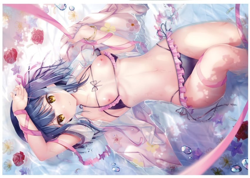 absurdres areolae arm_up armpits bangs bikini black_bikini black_hair blush bracelet breasts bubble closed_mouth collarbone doujinshi female flower frilled_bikini frills hair_ornament halterneck hand_up highres huge_filesize jewelry long_hair looking_at_viewer lying medium_breasts multi-strapped_bikini nanami_yuuno navel nipples on_back open_clothes open_shirt original parted_lips partially_submerged rose scan shiny shiny_hair shiny_skin shirt short_sleeves side-tie_bikini solo sousouman stomach swimsuit thighs water wet wet_clothes white_shirt x_hair_ornament yellow_eyes