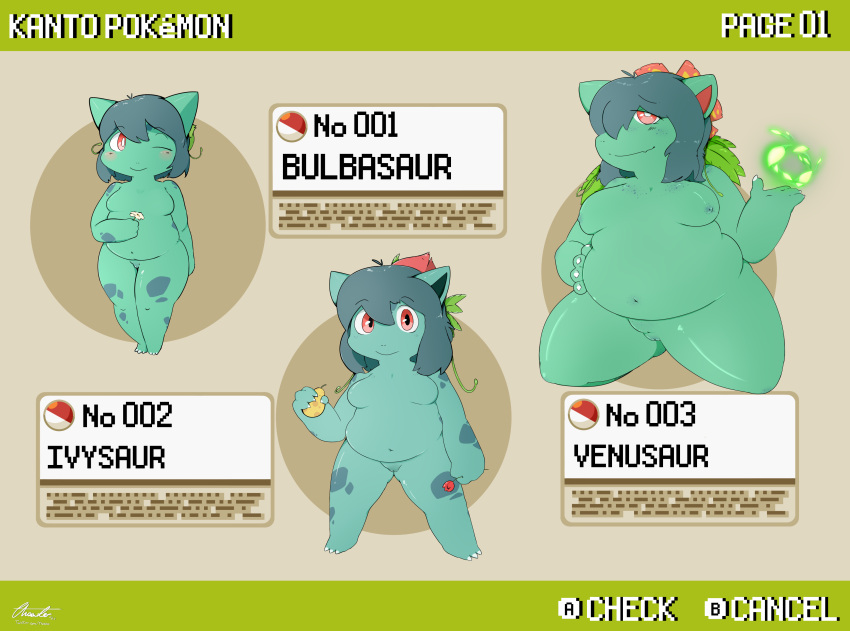 absurd_res anthro ass belly belly_rub berry breasts bulbasaur cute_expression evolution fat_rolls female flower food fruit fushigibana fushigidane fushigisou genitals group hi_res ivysaur navel nintendo nipples nude overweight plant pokédex pokémon_(species) pokemon pokemon_(species) pussy slightly_chubby thaasteo thick_thighs venusaur video_games