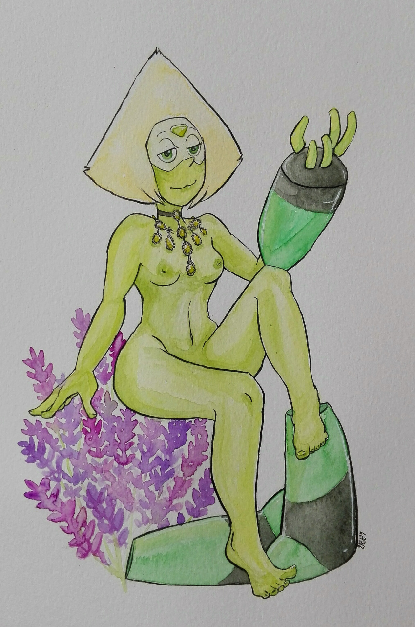 artistic_nude blonde_hair boots eyelashes female green_eyes green_nipples green_skin lavender_(flower) necklace peridot_(steven_universe) raevenilonka small_breasts smile solo steven_universe tasteful_nudity traditional_media_(artwork)