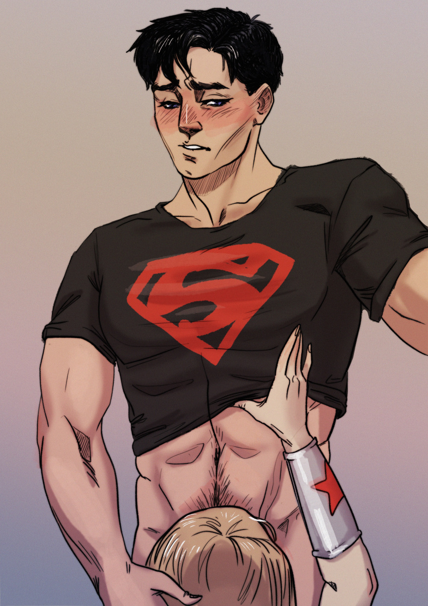 1boy 1girls abs black_hair blonde_hair blowjob blue_eyes blush cassie_sandsmark conner_kent dc dc_comics fellatio gauntlets hand_on_head kon-el oral pulled_up_shirt superboy superman_(series) t-shirt teen_titans tera_fearlarsen wonder_girl wonder_girl_(cassie_sandsmark) wonder_woman_(series) young_justice